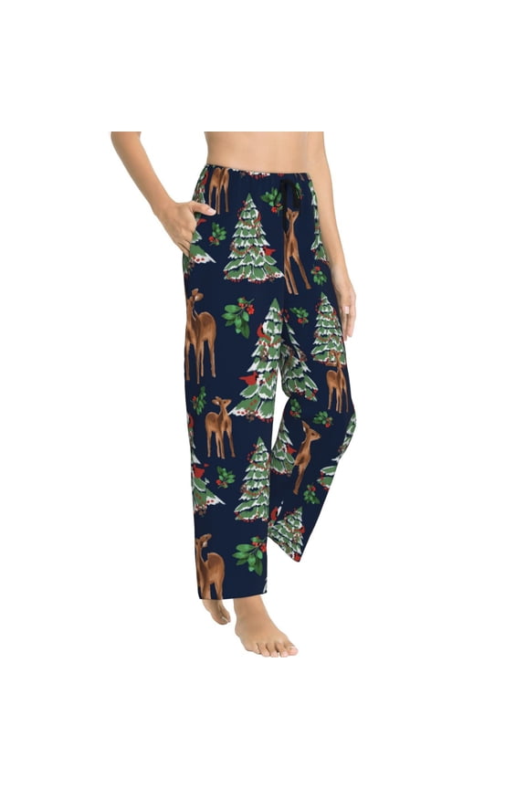 Pajama Pants Women - Painted Cute Deer Christmas Tree Soft Breathable Sleep & Lounge Pants for Women, Comfy Casual Pj Pants Bottoms with Pockets