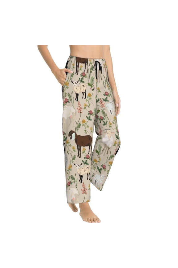 Pajama Pants Women - Painted Cute Goat Flower Soft Breathable Sleep & Lounge Pants for Women, Comfy Casual Pj Pants Bottoms with Pockets