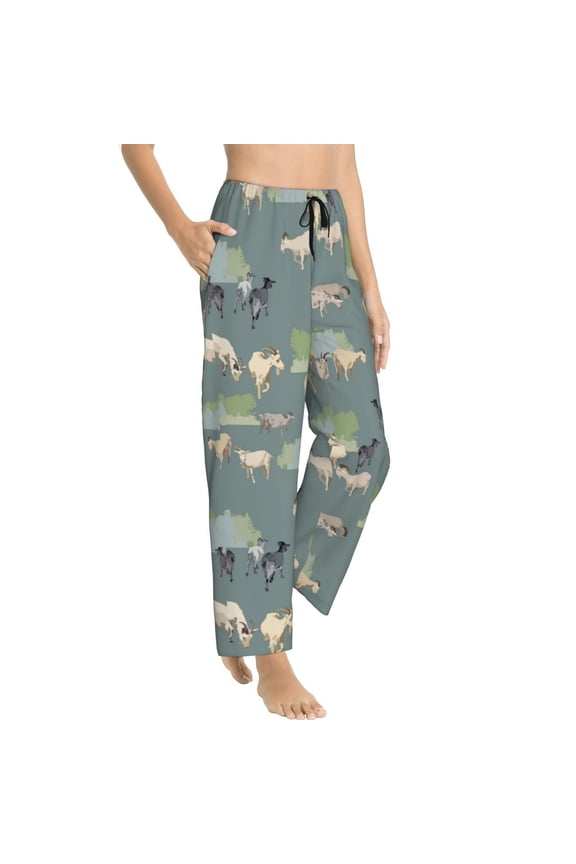 Pajama Pants Women - Painted Cute Goat Green Soft Breathable Sleep & Lounge Pants for Women, Comfy Casual Pj Pants Bottoms with Pockets