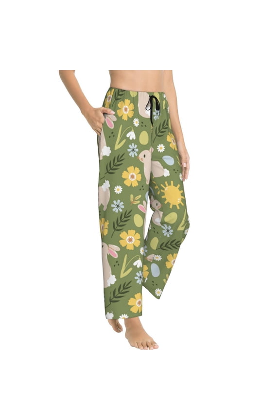 Pajama Pants Women - Painted Cute Rabbit Yellow Flower Soft Breathable Sleep & Lounge Pants for Women, Comfy Casual Pj Pants Bottoms with Pockets