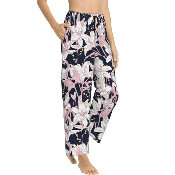Pajama Pants Women - Pink Leaves Lilies Flowers Soft Breathable Sleep & Lounge Pants for Women, Comfy Casual Pj Pants Bottoms with Pockets