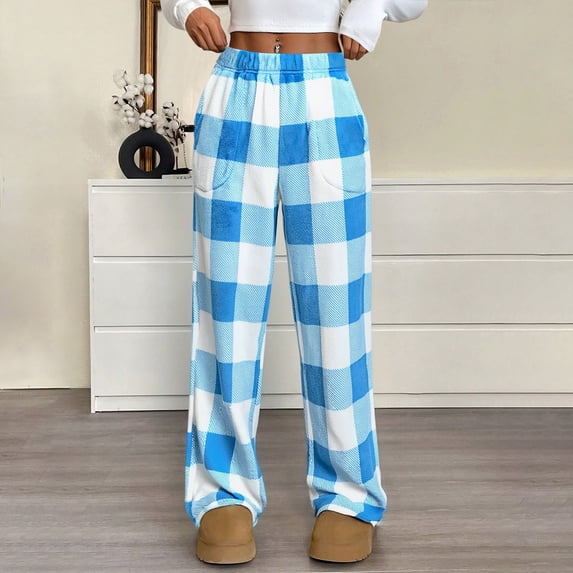 Pajama Pants Women Plaid Stretch Comfy Lounge Pants No Drawstring Waist Sleep Bottoms with Pockets Sky Blue 3XL