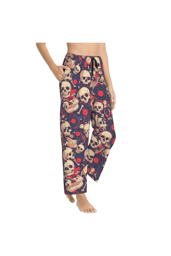 Pajama Pants Women - Skull rock music record Soft Breathable Sleep & Lounge Pants for Women, Comfy Casual Pj Pants Bottoms with Pockets