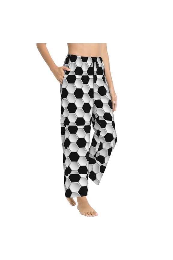 Pajama Pants Women - Soccer football black white print Soft Breathable Sleep & Lounge Pants for Women, Comfy Casual Pj Pants Bottoms with Pockets