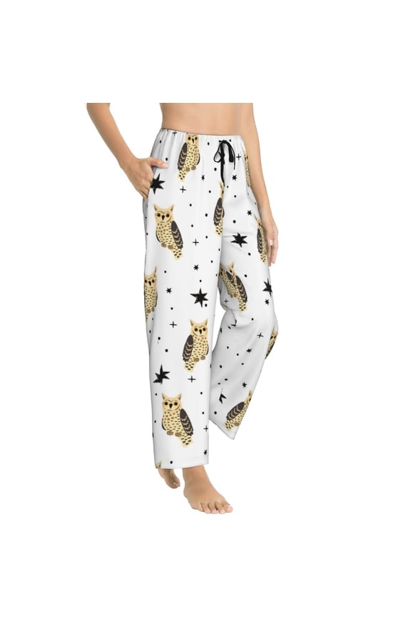 Pajama Pants Women - Star Owl Print White Soft Breathable Sleep & Lounge Pants for Women, Comfy Casual Pj Pants Bottoms with Pockets