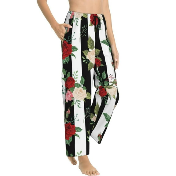 Pajama Pants Women - Stripe Rose Flowers Soft Breathable Sleep & Lounge Pants for Women, Comfy Casual Pj Pants Bottoms with Pockets