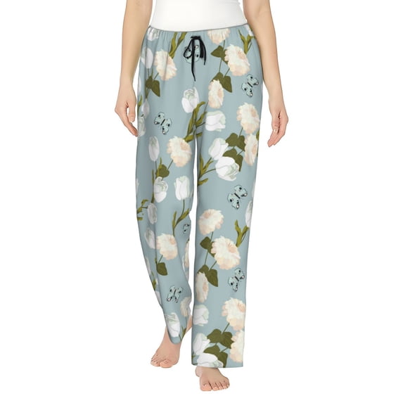 Pajama Pants Women, Tulips Flowers Blue Sweatpants Soft Sleep Lounge Pants, Casual PJ Bottoms Pants with Pockets