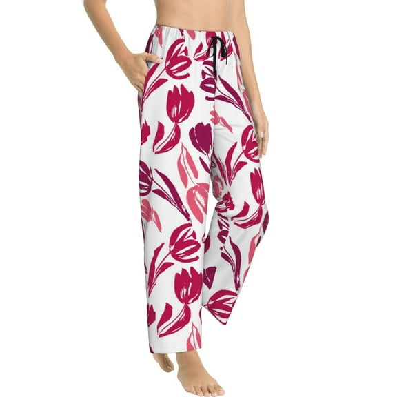 Pajama Pants Women - Tulips Flowers Red Pink Soft Breathable Sleep & Lounge Pants for Women, Comfy Casual Pj Pants Bottoms with Pockets