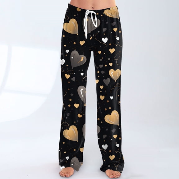 Pajama Pants Women Valentines Day Casual Stretch Lounge Pants Cute Love Heart Printed Elastic Waist Drawstring Sleep Trousers