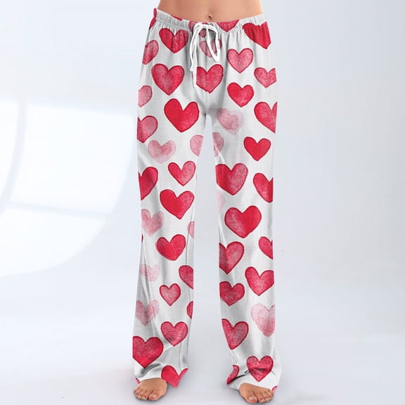 Pajama Pants Women Valentines Day Drawstring Wide Leg Lounge Pants Heart Graphic Print Soft Cozy Pajama Bottoms Sleepwear