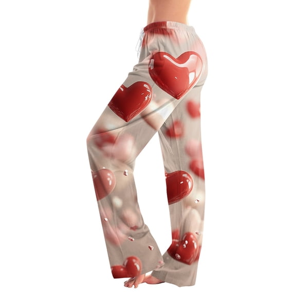 Pajama Pants Women Valentines Day Drawstring Wide Leg Lounge Pj Pants Cute Heart Printed Soft Cozy Sleep Bottom