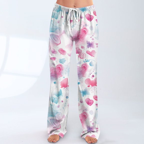 Pajama Pants Women Valentines Day Elastic Waist Drawstring Lounge Pj Pants Heart Graphic Print Fashion Casual Stretch Pajama Bottoms Sleepwear