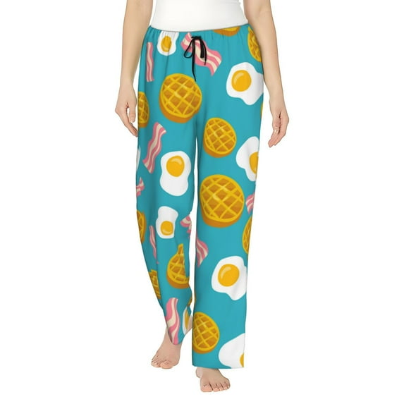 Pajama Pants Women, Waffle Poached Eggs Bacon Lounge PJ Yoga Pants With Drawstring, Womens Sleepwear Pajama Bottom
