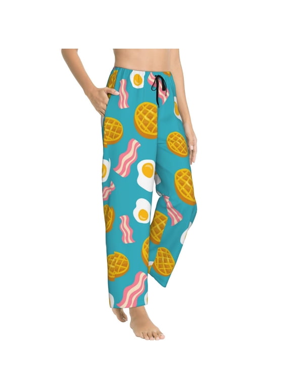Pajama Pants Women - Waffle Poached Eggs Bacon Soft Breathable Sleep & Lounge Pants for Women, Comfy Casual Pj Pants Bottoms with Pockets