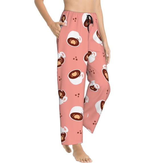 Pajama Pants Women - White Mug Coffee Print Pink Soft Breathable Sleep & Lounge Pants for Women, Comfy Casual Pj Pants Bottoms with Pockets