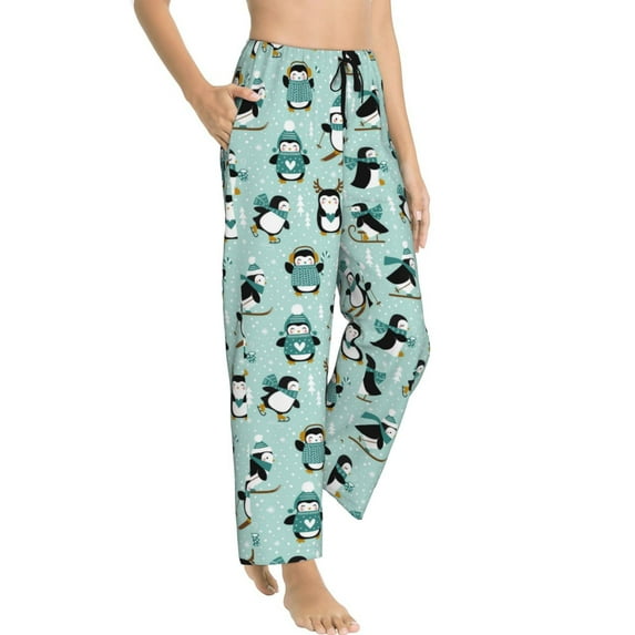 Pajama Pants Women, Winter Skiing Penguin Sweatpants Soft Sleep Lounge Pants, Casual PJ Bottoms Pants with Pockets