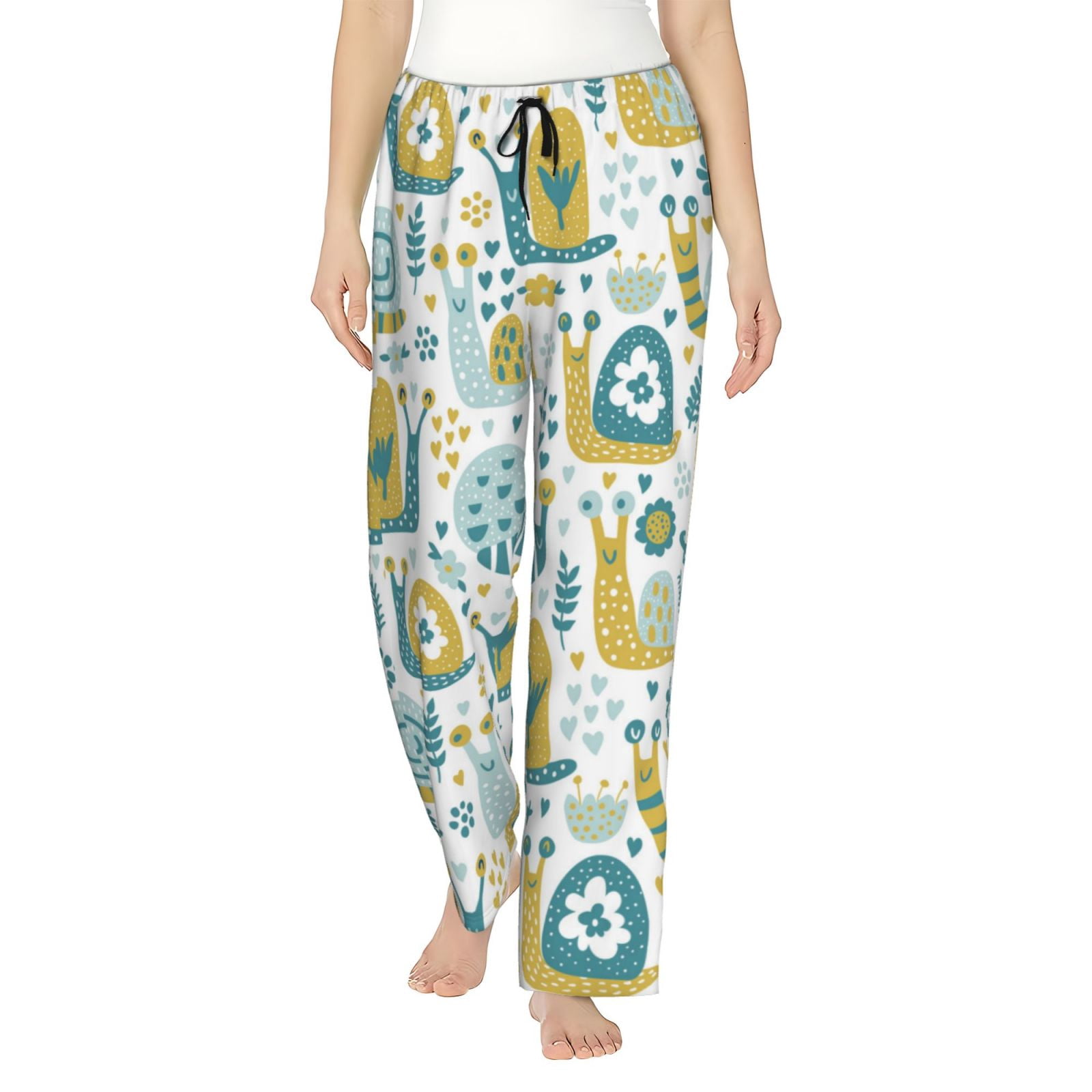 Pajama Pants Women - Yellow Green Snail Flowers Wide Leg Lounge Pants ...