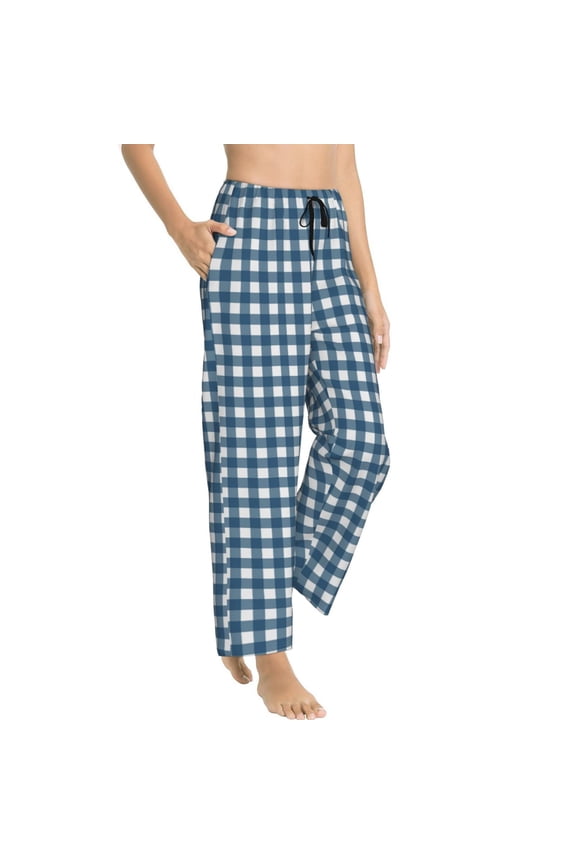 Pajama Pants Women - blue gingham check plaid Soft Breathable Sleep & Lounge Pants for Women, Comfy Casual Pj Pants Bottoms with Pockets