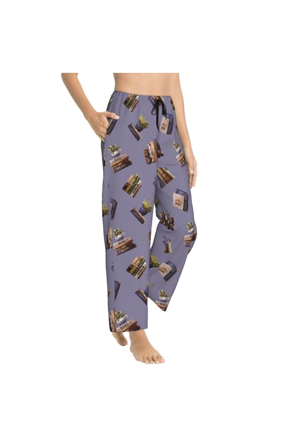 Pajama Pants Women - books lover plants reading print Soft Breathable Sleep & Lounge Pants for Women, Comfy Casual Pj Pants Bottoms with Pockets