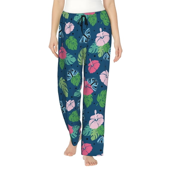 Pajama Pants Women, butterflies flower leaves Sweatpants Soft Sleep Lounge Pants, Casual PJ Bottoms Pants with Pockets
