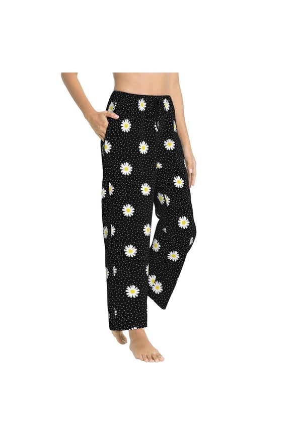 Pajama Pants Women - daisy polka dot dotted black Soft Breathable Sleep & Lounge Pants for Women, Comfy Casual Pj Pants Bottoms with Pockets