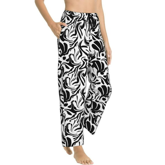 Pajama Pants Women, vibrant boho flower black white Lounge PJ Yoga Pants With Drawstring, Womens Sleepwear Pajama Bottom
