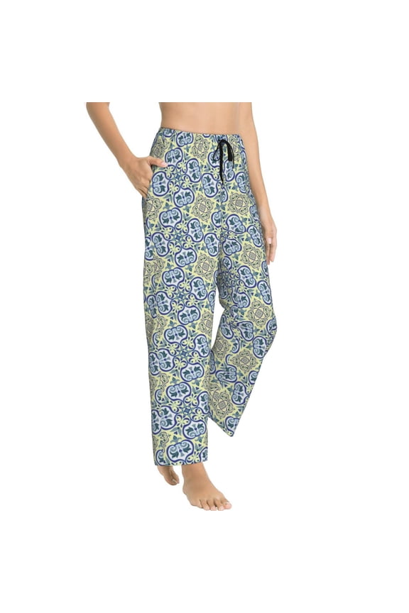 Pajama Pants Women - vintage Italian majolica style pattern Soft Breathable Sleep & Lounge Pants for Women, Comfy Casual Pj Pants Bottoms with Pockets