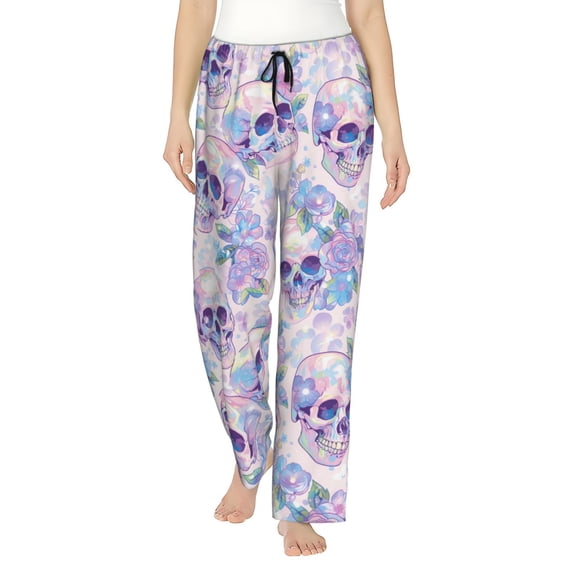Pajama Pants Women, white Skull crystal flower Sweatpants Soft Sleep Lounge Pants, Casual PJ Bottoms Pants with Pockets