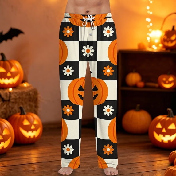 Pajama Pants for Men Halloween Pumpkin Graphic Pj Bottoms Casual Elastic Waist Sleepwear Funny Design Home Lounge Pants