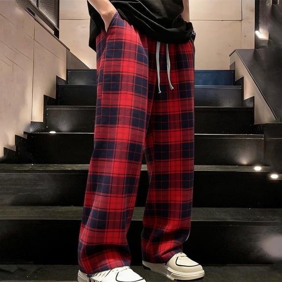 Pajama Pants for Men Straight Wide Leg Loungewear Trousers with Pockets and Drawstring Elastic Waist Casual Plaid Printed Going-Out Sleepwear Pant