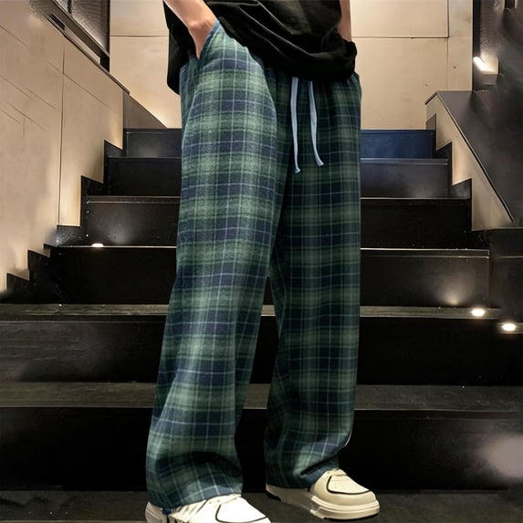 Pajama Pants for Men Straight Wide Leg Loungewear Trousers with Pockets and Drawstring Elastic Waist Casual Plaid Printed Going-Out Sleepwear Pant