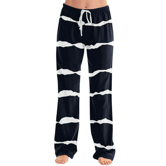 Pajama Pants for Women Casual Comfy Elastic Waist Drawstring Lounge Pant Stretch Wide Leg Striped Sleepwear Black XXXL