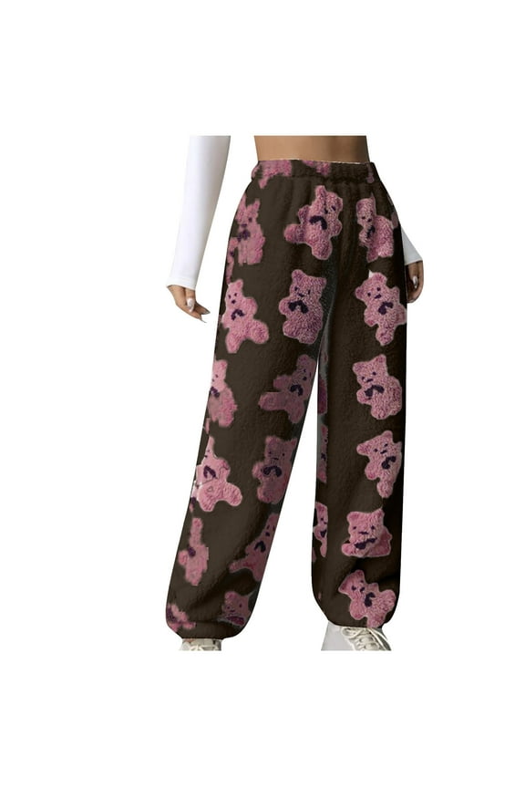 Pajama Pants for Women Cute Teddy Bear Print Sherpa Fleece Lined Pants Loose Fit Lounge Trousers Comfy Wide Leg Pants