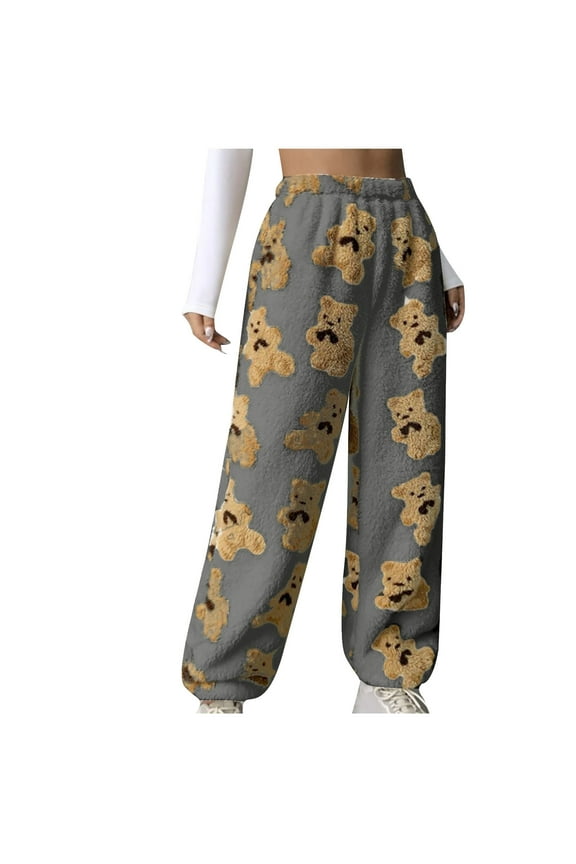 Pajama Pants for Women Cute Teddy Bear Print Sherpa Fleece Lined Pants Loose Fit Lounge Trousers Comfy Wide Leg Pants