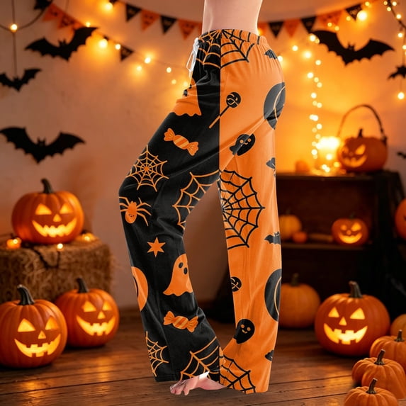 Pajama Pants for Women Halloween Ghost Pumpkin Print Soft Drawstring Comfy Sleep Pants