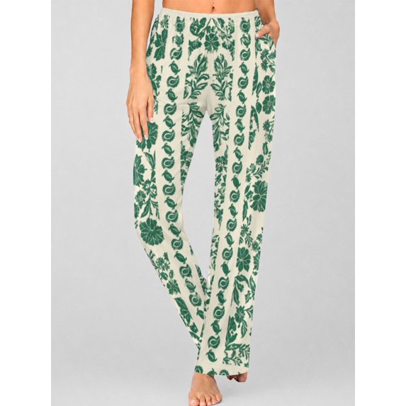 Pajama Pants for Women, Retro Green Floral Soft Breathable Sleepwear Lounge Pants with Pockets