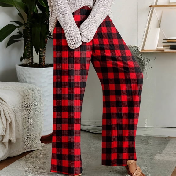 Pajama Pants with Drawstring Elastic Waist, Plaid Print Sleepwear, Comfortable Straight Leg Loose Lounge Pants for Women, Versatile for Home,Red,S