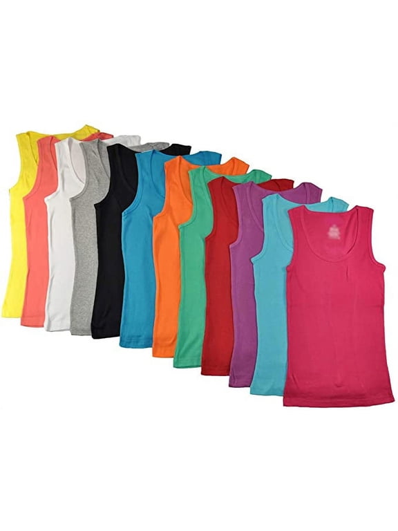 12 Pieces Pack Women's Ribbed 100% Cotton Tank Tops-Assorted Color (Muscle Tank Top, Medium)
