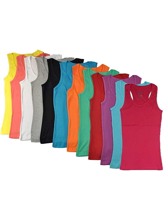 12 Pieces Pack Women's Ribbed 100% Cotton Tank Tops-Assorted Color (Racer Back, Medium)