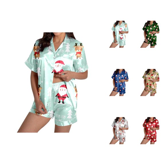 Pajama Set – Comfy Bamboo Summer Sleepwear Women's Santa Print Short Sleeve Shirt & Shorts Pajama Set Festive Sleepwear Combo