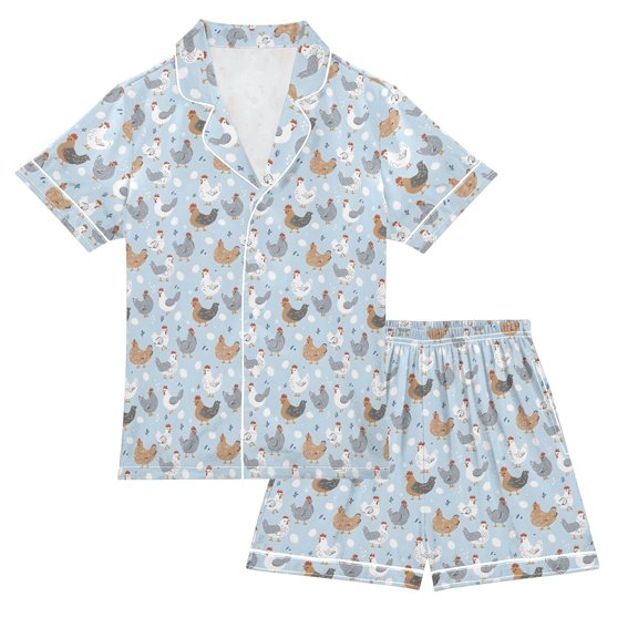 Pajama Set Cute Blue Hen Egg Button-up Short-sleeved Shorts 2 Piece Casual Sleepwear