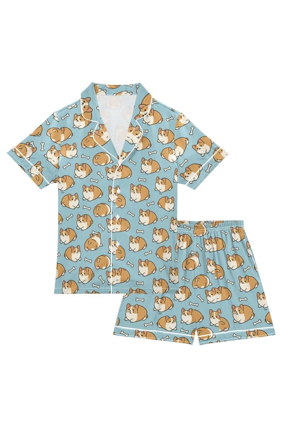 Pajama Set Cute Corgi Butt Button-up Short-sleeved Shorts 2 Piece Casual Sleepwear
