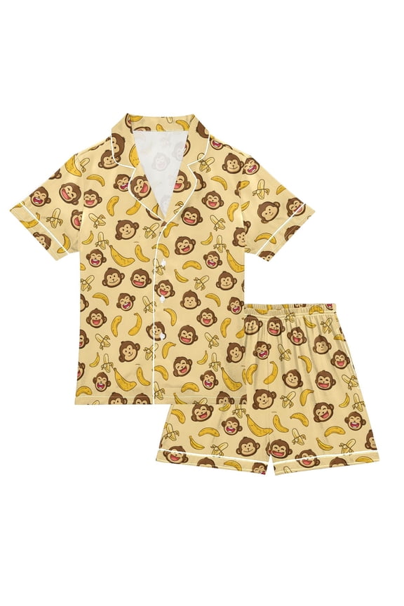 Pajama Set Cute Monkey Button-up Short-sleeved Shorts 2 Piece Casual Sleepwear