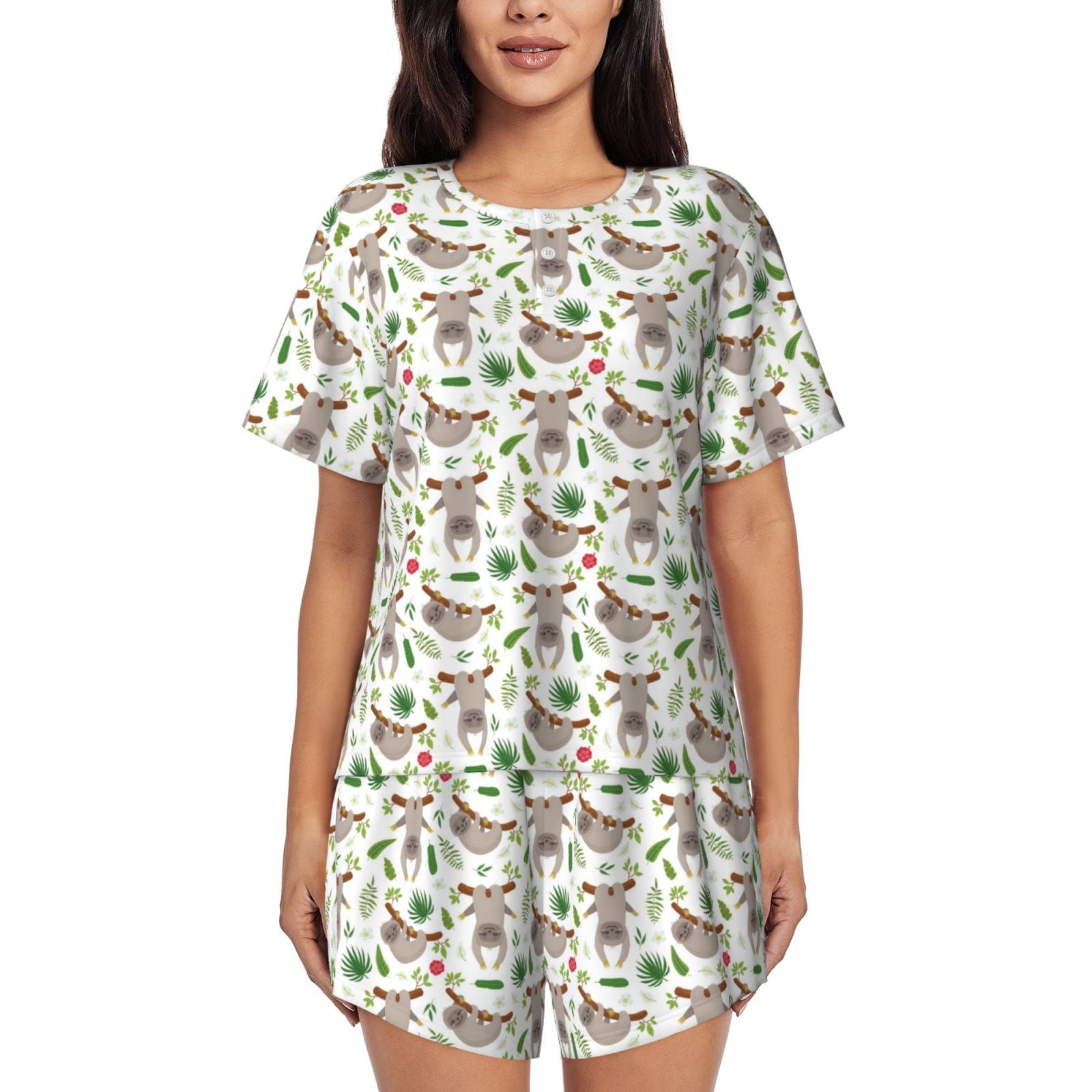 Pajama Set For Women 2 Piece - Cute Sloth Lounge Set Short Sleeve Tops ...