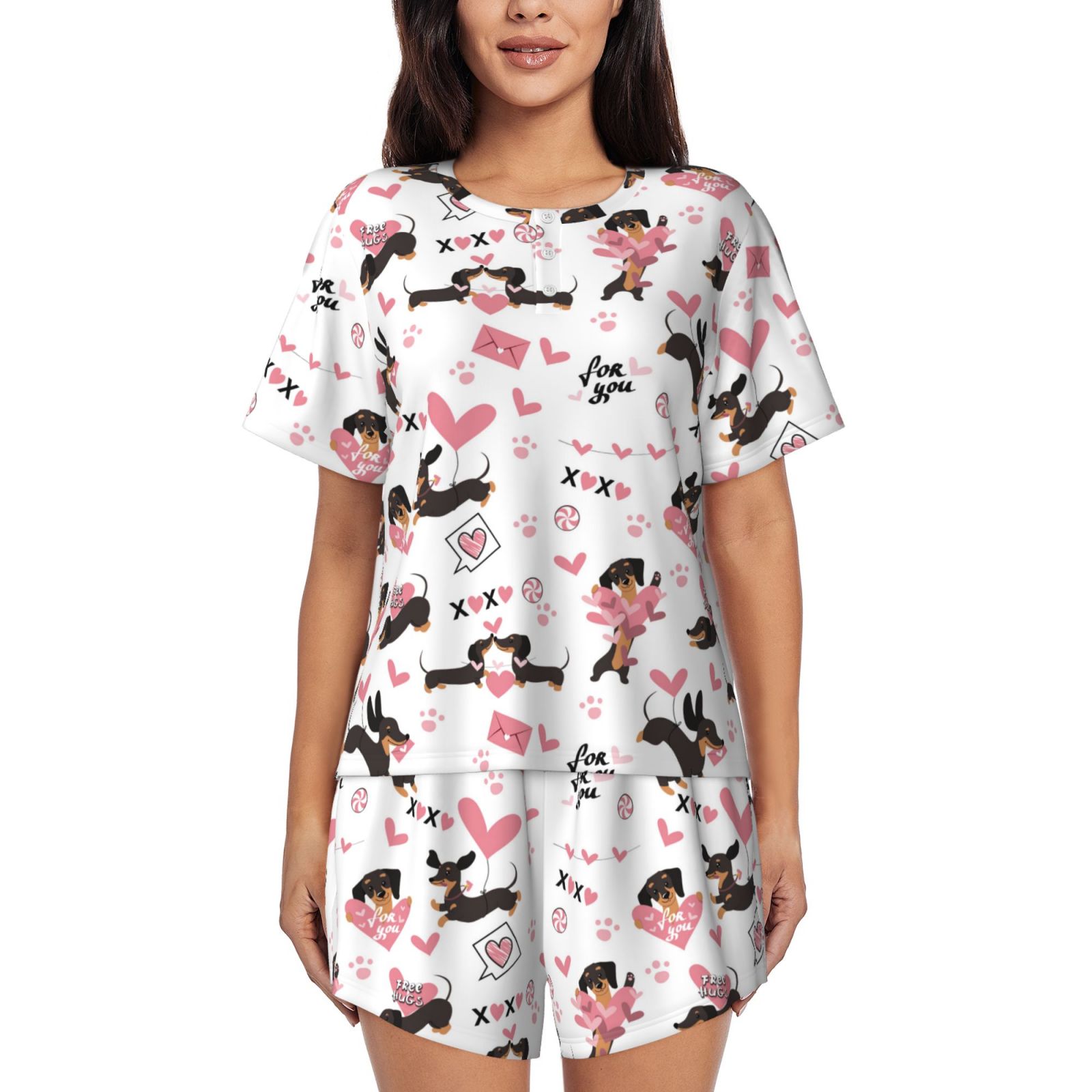 NEXT Donna Set Pigiama Con Shorts - Ecru Con Fantasia Bassotti (Dachshund) - Taglia L, Morbido E Alla Moda