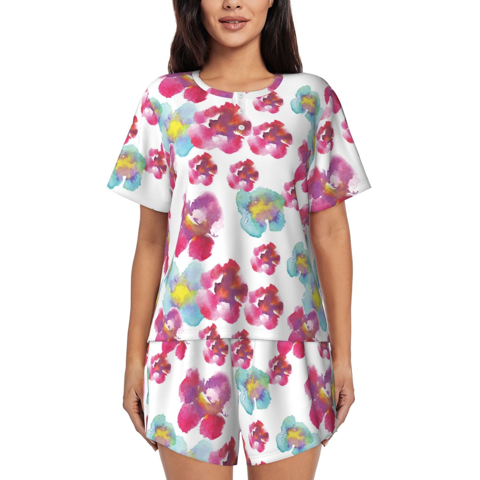 Pajama Set For Women 2 Piece - Pink Watercolor Flowers Lounge Set Short ...