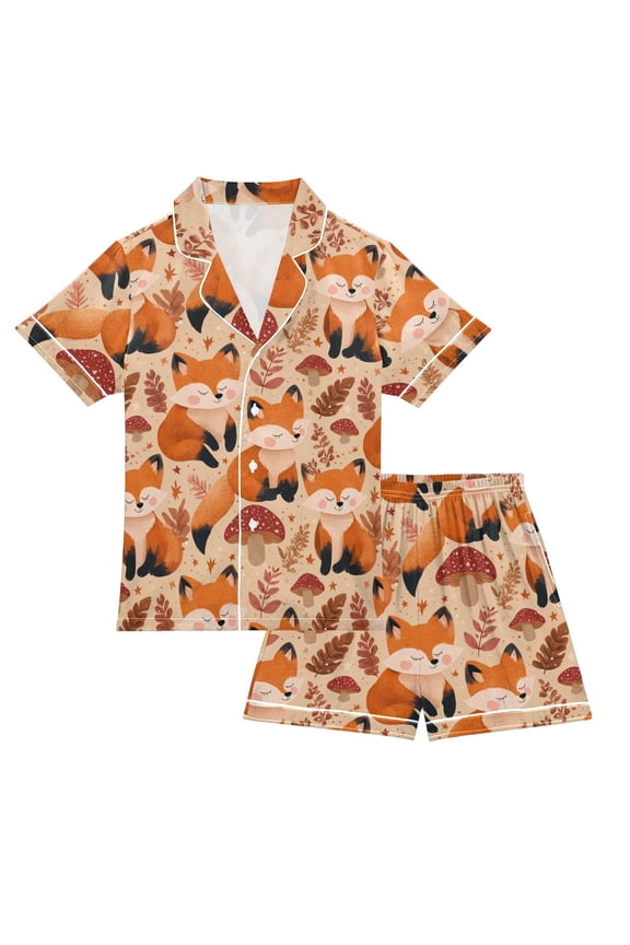 Pajama Set Forest Fox Button-up Short-sleeved Shorts 2 Piece Casual Sleepwear