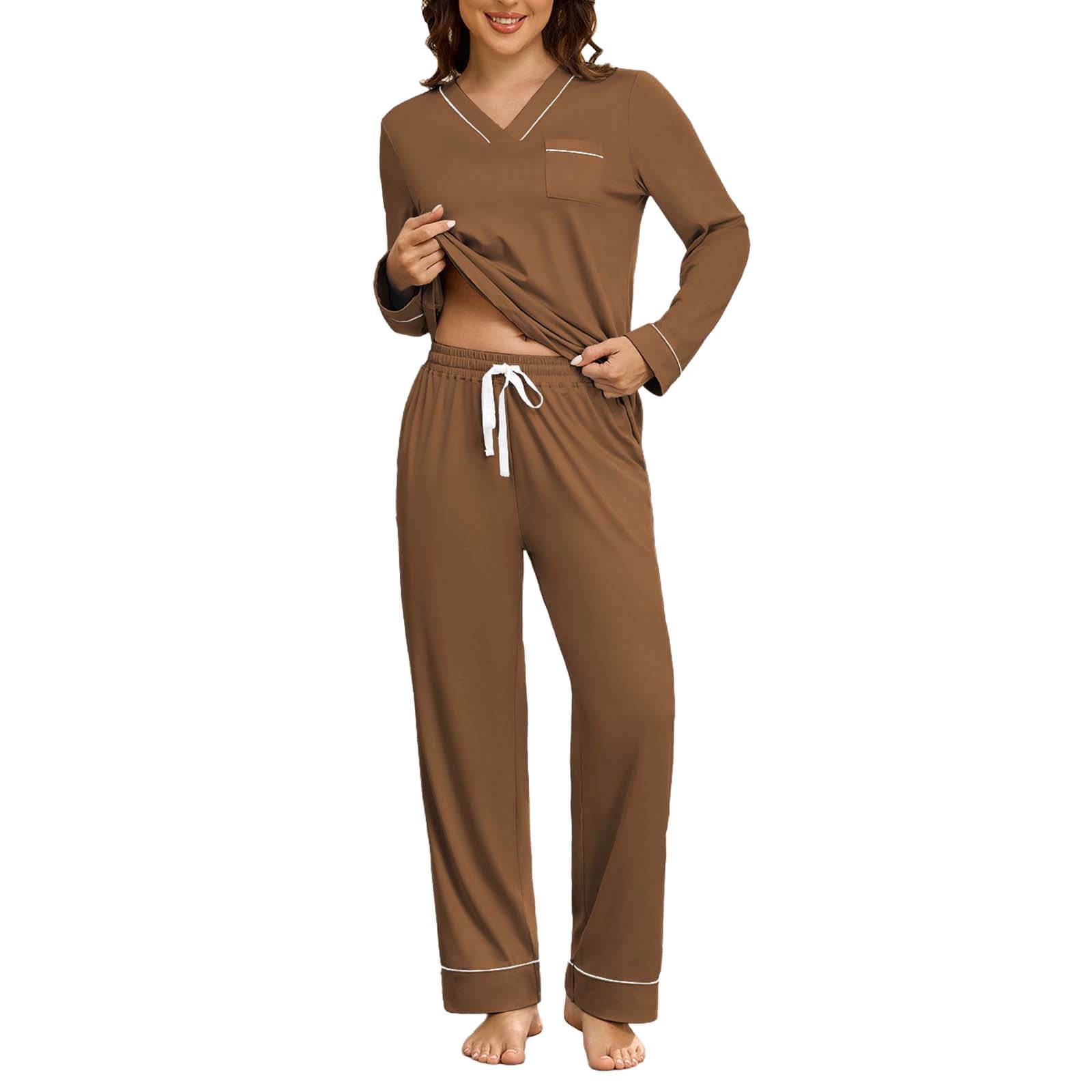Pajama Set Ghalytn Womens V-Neck Long Sleeve Sleepwear Contrast Piping ...