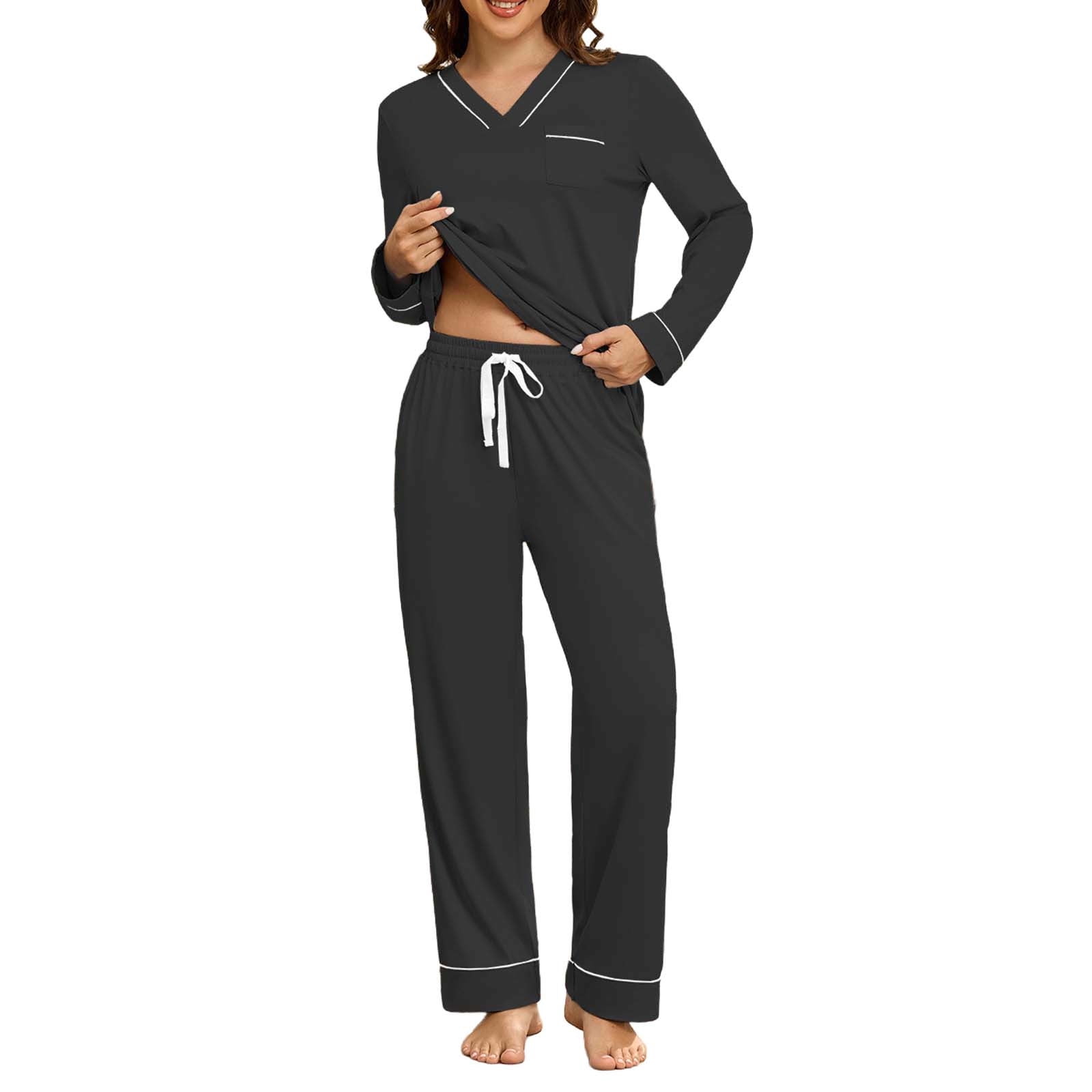 Pajama Set Ghalytn Womens V-Neck Long Sleeve Sleepwear Contrast Piping ...