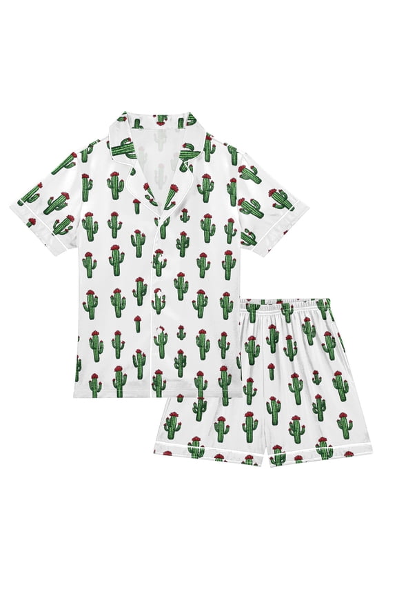 Pajama Set Green Cactus Button-up Short-sleeved Shorts 2 Piece Casual Sleepwear